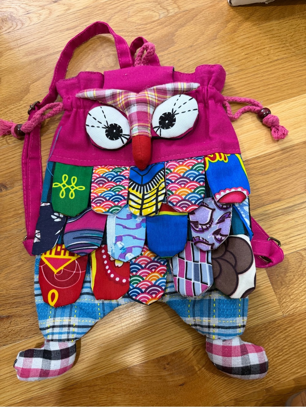Fuchsia Patchwork Owl Drawstring Backpack